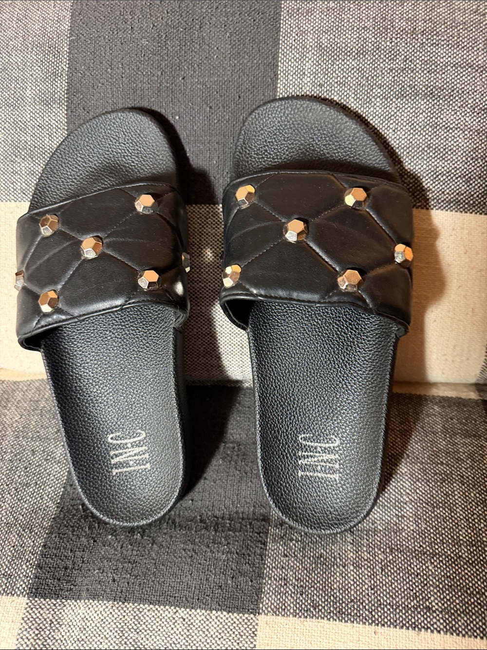 INC International Concepts Black Quilted Slide Sandals with Gold Stud Accents
